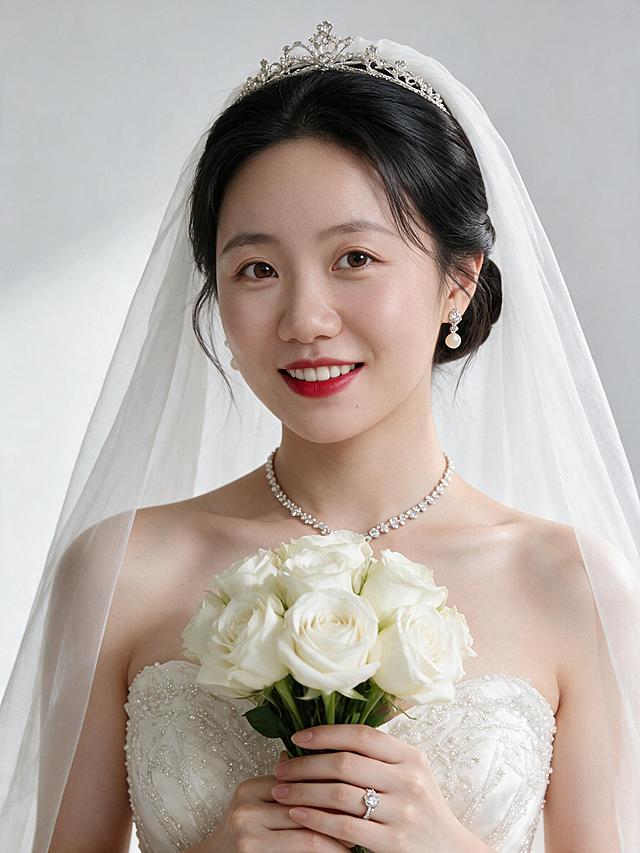 超高清现代中式婚纱摄影作品，干净简约、高级质感、柔和暖白色调。纯净浅灰白色影棚背景，柔和均匀的影棚专业布光，人物面部明亮通透，侧光营造立体感，肤质细腻有光泽。整体暖白色调，画面明亮干净，肤色白皙通透自然红润，婚纱呈现象牙白质感。超高清画质，保留皮肤细腻纹理、婚纱珠片刺绣细节、面料光泽质感，背景柔和虚化，人物清晰锐利。

人物：严格使用上传的三张参考肖像中的同一对新人，男性为唯一新郎，女性为唯一新娘，100%沿用原图五官、脸型、肤色，禁止修改，面部特征精准还原，表情自然真实。男性身高约178cm身形挺拔修长，女性身形纤细优雅。

新娘造型：黑色长发，韩式优雅低盘发，留有柔和碎发丝修饰脸型；头戴精致水钻皇冠，搭配轻薄白色头纱；清透裸肌妆容，自然柔和眉形，淡粉色腮红，气质正红色唇妆，妆感干净高级；象牙白抹胸婚纱，通体点缀细密珠片刺绣，面料有光泽质感，裙摆蓬松优雅；佩戴水钻项链、珍珠耳饰、钻石戒指；整体端庄大气、温婉优雅。
新郎造型：黑色短发，干净利落的纹理感造型露出额头；自然清爽妆容肤色均匀；黑色修身礼服西装套装，白色衬衫，黑色领结，黑色皮鞋，胸口佩戴白色玫瑰胸花；佩戴银色婚戒；整体儒雅绅士、挺拔俊朗。

第1张动作：新娘手捧花肖像。新娘正面近景，手持白色玫瑰花束于胸前，头戴水钻皇冠，表情温柔优雅，眼神看向镜头。胸部以上特写，展现精致妆容与配饰细节。

禁止：复杂花哨背景、暗沉灰暗色调、过度磨皮、手指变形、五官比例失调、表情僵硬、服装款式更改、画面杂乱、人物比例失调