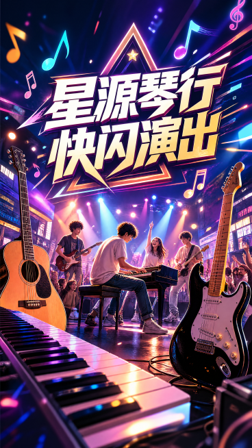 为"星源琴行快闪演出"设计一张X展架宣传图，整体风格活力青春，突出琴行乐器和演出主题，包含醒目的主标题文字"星源琴行快闪演出"，画面搭配钢琴吉他元素，适合线下活动展示预览效果