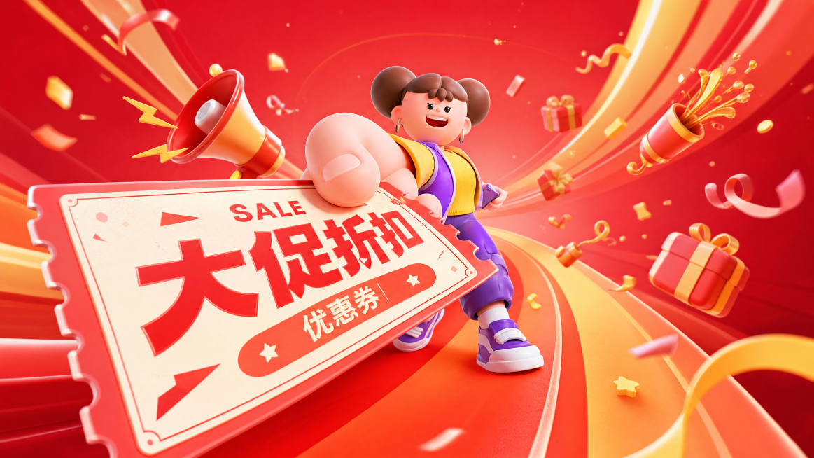 大透视鱼眼广角效果，可爱3D卡通小女孩站在画面中后方，人物偏小，形成强烈大小对比视觉冲击力。低角度仰视拍摄，女孩表情夸张，伸出手递出印有打折文字的优惠券，优惠券占据画面近半靠近镜头。女孩身后延伸出橙黄预览效果
