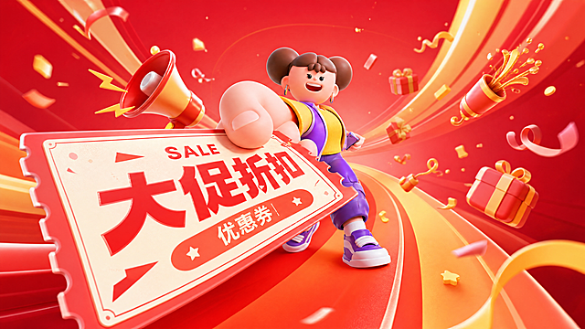 大透视鱼眼广角效果，可爱3D卡通小女孩站在画面中后方，人物偏小，形成强烈大小对比视觉冲击力。低角度仰视拍摄，女孩表情夸张，伸出手递出印有打折文字的优惠券，优惠券占据画面近半靠近镜头。女孩身后延伸出橙黄红黄渐变弯曲线条到画布外，红色渐变背景，远景处缩小摆放喇叭礼物鞭炮金粉和飘带，营造强烈空间纵深感，3D卡通风格，参考图中间女孩形象