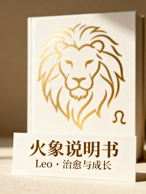 狮子座主题封面，极简高级风格，热情阳光氛围，前景突出文字"火象说明书Leo・治愈与成长"，设计简洁干净质感高级，可直接修改文字使用预览效果