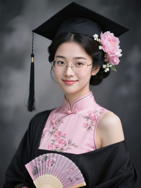 女生证件照，民国发型，穿黑色学士袍戴黑色学士帽，头发上戴粉色芍药花和白色小花，手执折扇，学士帽流苏，领口有粉色复古花纹，内衬是粉色旗袍，黑灰色朦胧背景，看镜头。预览效果