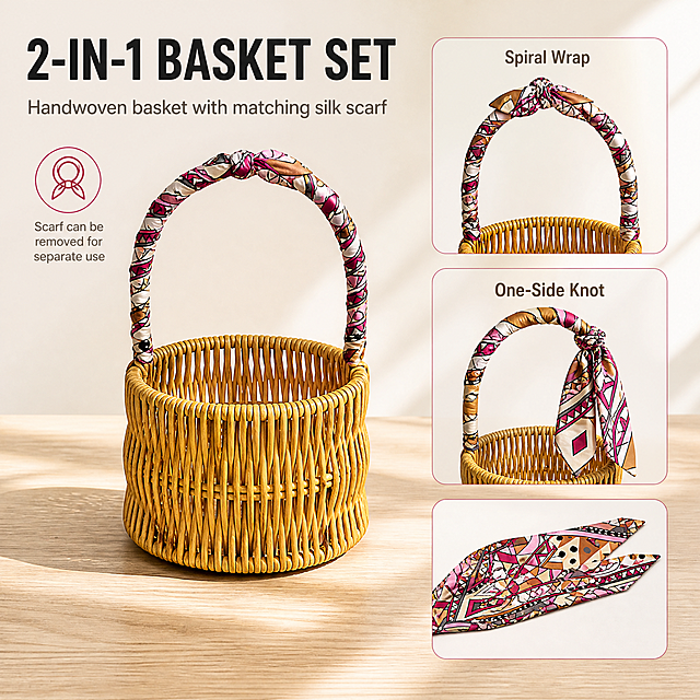 [主图-2] Round PP Rattan Storage Basket with Silk Scarf Handle Wrap 组合卖点图，唯一任务是说明这是一套藤篮加丝巾并展示两种丝巾绑法。
[统一基调] 整体为干净温暖的自然家居风亚马逊信息图；背景主色暖象牙白 #F7F4EF 搭配浅橡木色台面；标题字色深炭黑 #262626；辅助字色暖灰 #6B6459；强调色暖玫红 #B23A5E，呼应丝巾印花；全套只用一种几何无衬线字体外观，标题最粗最大，辅助文案字号缩小一半以上；组件只用暖玫红细线图标、圆角半透明浅底标注框与轻微柔和阴影，不使用厚重色块、大面积通栏和装饰边框。
[画面] 主体产品以正面 40° 视角置于浅橡木台面左侧，占画面约 60%；提手上的丝巾按螺旋缠绕法从根部向上绕满整段提手，尾端收在提手顶端结住，印花连续可见；右侧上下两个圆角半透明浅底小窗：上方小窗展示单侧打结绑法的提手局部特写，丝巾在提手一侧打结、两条尾端垂下；下方小窗平铺展示同一条丝巾的完整印花图案；左侧一枚暖玫红细线图标表示丝巾可以拆下单独使用。
[光影质感] 温暖家居自然光从右上方进入，产品在台面有自然接触影，藤条立体，丝巾绸面有柔和高光，小窗内细节清楚。
[配色] 沿用当前组统一视觉，浅橡木只作环境色，强调色只用于细线图标与标注框。
[文字版式] 主标题左上横排 "2-IN-1 BASKET SET"；辅助文案 "Handwoven basket with matching silk scarf"，字号缩小一半以上；两个小窗分别标注 "Spiral Wrap" 与 "One-Side Knot"；文字无逗号，不遮挡产品。
[输出要求] 1:1；两种绑法清楚可区分、产品与印花清晰、文字清晰。
[负向] 变形、错字、两种绑法看不出区别、丝巾图案错乱、丝巾穿模、中文、水印、平台 Logo、食物、杂乱背景、多余道具。