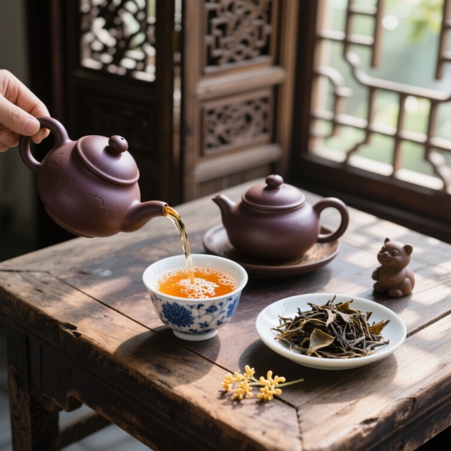 画面中，一套古朴的紫砂茶具摆放在一张老旧的木质茶桌上。一只紫砂壶正往一只青花瓷杯中缓缓倒出橙黄透亮的茶汤，茶汤表面泛起细密的泡沫。旁边，一个白色的瓷盘中盛放着一些干茶叶，茶叶的纹理清晰可见。茶桌上还摆预览效果