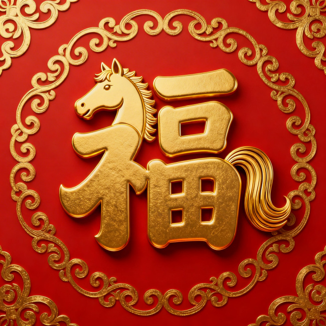 春节马年主题，大红色背景搭配金色卷草马纹，正中间是将福字的示字旁设计成马头造型，融入马尾巴元素的金色福字，字体创意夸张预览效果