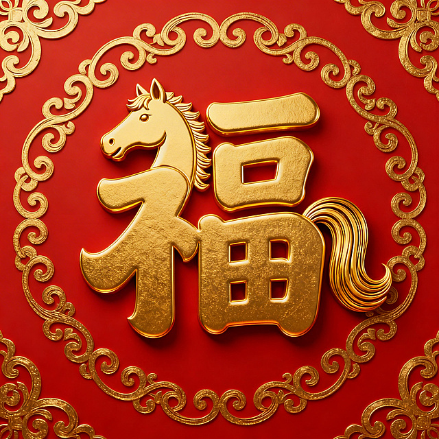 春节马年主题，大红色背景搭配金色卷草马纹，正中间是将福字的示字旁设计成马头造型，融入马尾巴元素的金色福字，字体创意夸张