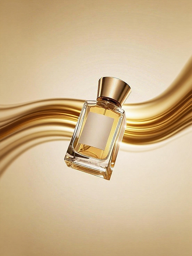 产品后方的液体光影呈波动的带状贯穿画面，流动且富有光泽的质感，光线反射细腻，背景暖金色渐变