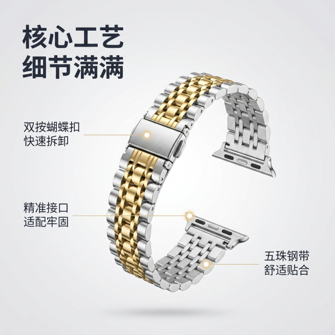 [主图 2] 苹果手表金属表带核心亮点展示图。[氛围风格] 轻奢简约商业电商风，专业科技感。[画质] 商业摄影质感，光线柔和通透，产品清晰真实，画面干净高级。[元素] 保持苹果手表金属表带外观、物理结预览效果