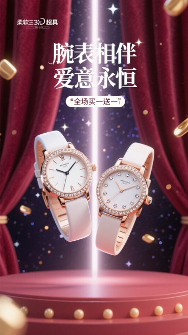 海报采用深邃的勃艮第酒红色背景，犹如天鹅绒幕布。画面中央，一道光束打下，聚焦于一对优雅交叉的男女款奢华腕表。表盘上的钻石与金属细节在光线下熠熠生辉，仿佛悬浮于璀璨星河之中。背景中若隐若现的金色光斑，如预览效果