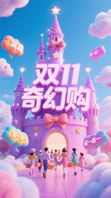 粉紫色调 + 梦幻童话风格：一座有着 “双 11 奇幻购” 发光艺术字体的城堡，城堡塔尖装饰着闪烁的星星与蝴蝶结，一群穿着可爱服饰的人提着精致的购物篮走向城堡，周围是漂浮着的、带有 “满减”“买一送一预览效果