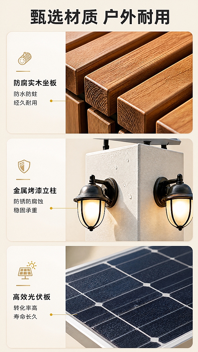 [商品] 使用【图1】太阳能花箱座椅导视牌；保留白色立柱+顶部太阳能板+两侧复古壁灯+双向箭头导视+木质条纹座椅+右侧花箱的完整结构，保留颜色材质比例。重点放大展示各部位材质细节。
[画面] 目标：材质细节页，微距展示核心材质与工艺。构图：三宫格竖排，从上到下依次展示：1.防腐木坐板纹理特写、2.金属立柱防水灯体细节、3.太阳能板表面质感。景别：微距特写。信息载体：每格材质名称+特性标签。背景：浅暖米渐变底色。
[视觉] 套系策略：风格=现代简约户外景观商业摄影；标题字=粗黑体；正文字=简洁无衬线黑体；主色=暖米白+深木棕；背景延展=基于暖米白做深浅层级、同色渐变和石材/木纹质感；强调色=暖金色，仅用于小面积图标、引线和标签；标题色=深炭灰；正文色=中暖灰；组件=圆角浅底信息卡、细线引线、图标标签；光影=侧光突出材质纹理和立体感。
[文字] 顶部主标题「甄选材质 户外耐用」，三格分别配文：上格「防腐实木坐板 防水防蛀 经久耐用」、中格「金属烤漆立柱 防锈防腐蚀 稳固承重」、下格「高效光伏板 转化率高 寿命长久」。文字全部横向排版。
[规格] 图片比例9:16竖版，4K分辨率，负向提示：避免变形、错字、文字过小、材质纹理不真实、冷蓝灰主色调、白底无层次。