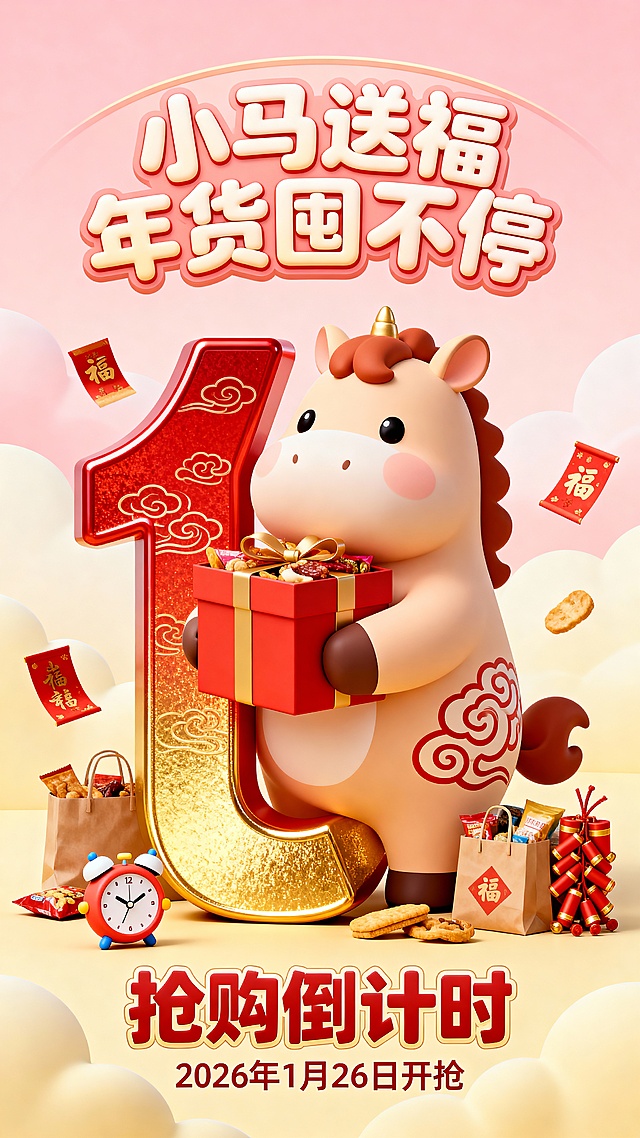 软3D风格卡通小马拟人化设计，喜庆红金配色，营造浓厚节日氛围，传递新年抢购倒计时的可爱感与体积感。
