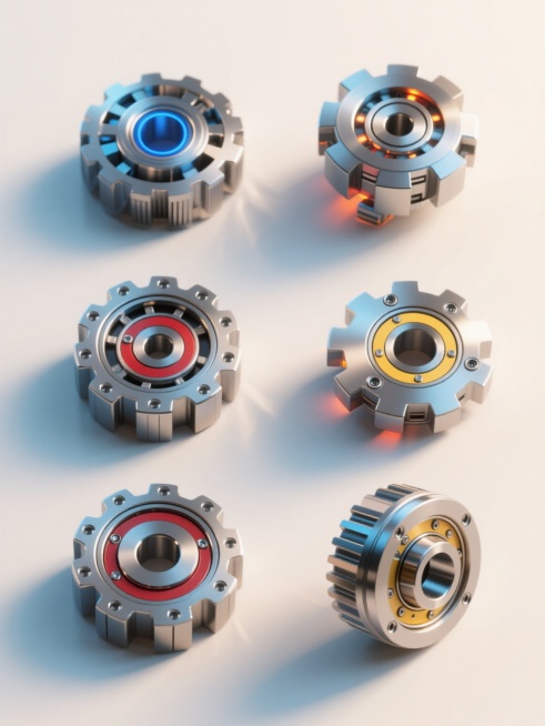 六个具有高度精细3D渲染质感的金属机械元素，每个元素拥有独特配色与样式，整体采用上下两行整齐对齐排列布局，浅色背景衬托出机械结构的精密感，每个机械元素均展现出金属的冷硬质感与光滑表面，齿轮、轴承等部件细节清晰，部分元素带有蓝色、红色、黄色等不同色调的内部发光效果，光线照射形成明显的高光与阴影对比，呈现出科技感与工业美学的完美结合，整体构图平衡对称，视觉层次分明，无任何文字、LOGO及二维码干扰。预览效果