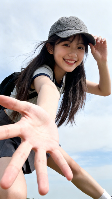 高清写实元气少女摄影写真，特写镜头，仰拍视角，元气少女左腿蹲姿，右腿向右伸长，左手扶鸭舌帽帽檐，背对天空俯身对着镜头伸出右手，张开右手手指，笑容甜美，户外开阔天空背景，清新自然环境，自然光，明亮通透，预览效果