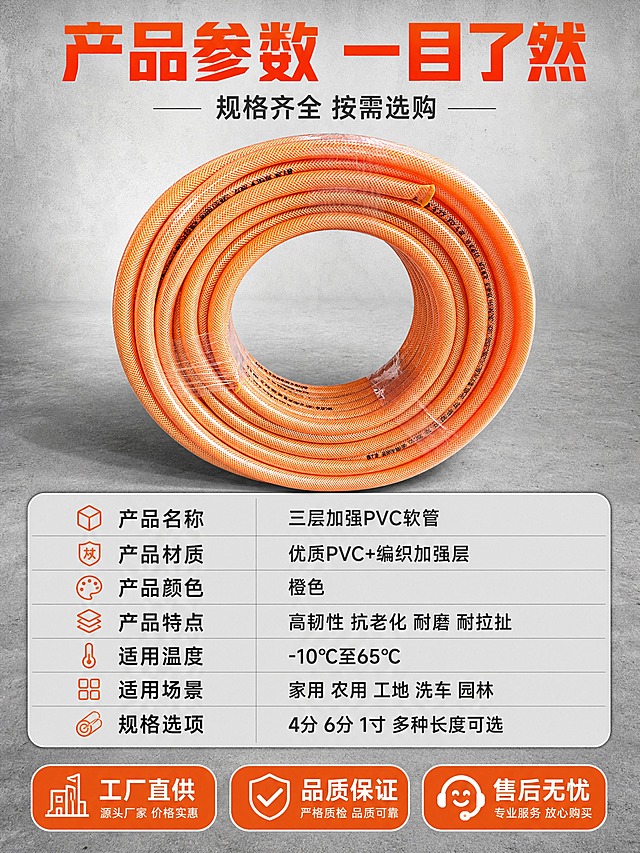 [商品] 使用【图1】橙色三层编织PVC软管整卷；保留橙色外观、编织纹理、盘卷形态和塑料材质；产品精修 增强质感。
[画面] 页面目标：产品信息 规格参数收口 最后一张；建材参数型；画面上方为产品主体展示 整卷软管居中 占画面约35%；下方为参数表格区 占画面约45%；参数表用浅灰底表格样式 清晰列出各项参数；底部为服务保障信息；整体上下结构 上产品下参数。
[视觉] 套系策略：风格=拼多多工业风大字报 高信息密度 性价比感；标题字=粗黑体 大字醒目；正文字=简洁黑体 清晰可读；主色=橙红色；背景延展=浅灰到深灰渐变底 工业水泥质感 同色系深浅层级；强调色=亮橙色 用于图标 引线 标签；标题色=橙红色；正文色=深灰色；组件=圆角橙底白字卖点胶囊 浅灰信息卡 红色引线标注；光影=产品区左前侧主光 边缘高光清晰 整体明亮通透。
[文字] 顶部主标题"产品参数 一目了然" 副标题"规格齐全 按需选购"；参数表包含 产品名称 三层加强PVC软管 产品材质 优质PVC+编织加强层 产品颜色 橙色 产品特点 高韧性 抗老化 耐磨 耐拉扯 适用温度 -10℃至65℃ 适用场景 家用 农用 工地 洗车 园林 规格选项 4分 6分 1寸 多种长度可选；底部三个服务保障胶囊横排 分别写"工厂直供""品质保证""售后无忧"；所有文字横排 表格清晰易读。
[规格] 图片比例3:4竖版 4K；避免变形、错字、文字过小、冷蓝背景、产品颜色改变、水印、平台Logo。