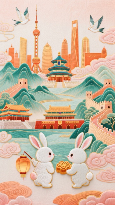 画面底部2只小兔子拿着（一个拿着灯笼、一个拿着月饼）的背影，中景有祖国山水和国家标志性建筑（天坛、长城、故宫、东方明珠等））四周有和平鸽、祥云环绕，暖橙粉金为主色调（青绿点缀），背景有国家地标建筑群，预览效果