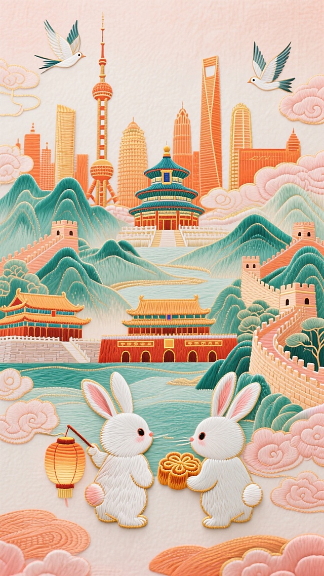 中式感插画风，拟人兔子持灯笼月饼，刺绣风展现中秋佳节美景。