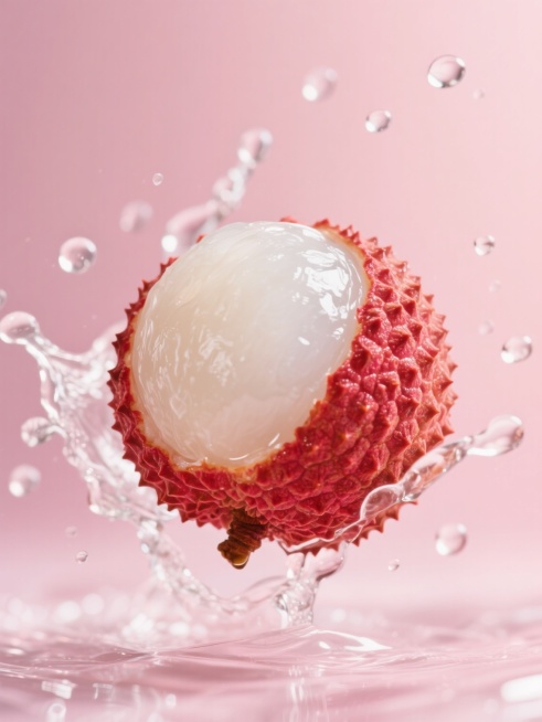 一张写实风格的荔枝摄影照片，画面中心是一颗被剥开一半的荔枝，露出晶莹剔透、饱满多汁的白色果肉，另一半红色带尖刺的果壳悬浮在下方，果肉与果壳之间有清澈的水花飞溅，水珠在空中形成优美的弧线和四散的水滴，整体构图富有动感和层次感，光线明亮，突出荔枝果肉的鲜嫩质感和水花的透明感，背景改为柔和的渐变粉色调，营造出清新甜美的氛围。预览效果