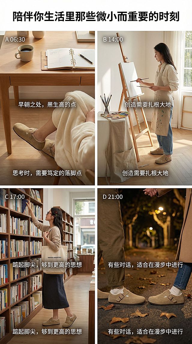 实拍 女模特 要求严格使用我提供的鞋子样式
格A：晨间书写（06:30）
场景：家中小书桌

画面：穿着睡袍，双脚交叠踩在鞋上

细节：咖啡杯、摊开的日程本

文案：“思考时，需要笃定的落脚点”

格B：工作室时光（14:00）
场景：阳光充足的工作台

画面：站立在画架前，鞋子沾有少许颜料

细节：画笔、调色板、亚麻围裙

文案：“创造需要扎根大地”

格C：书店偶遇（17:00）
场景：独立书店哲学区

画面：踮脚取上层书籍的瞬间

细节：帆布托特包、玳瑁框眼镜

文案：“踮起脚尖，够到更高的思想”

格D：晚间散步（21:00）
场景：社区林荫道

画面：与伴侣并肩行走的脚部特写

细节：落叶、路灯暖光

文案：“有些对话，适合在漫步中进行”

章节标题： “陪伴你生活里那些微小而重要的时刻”