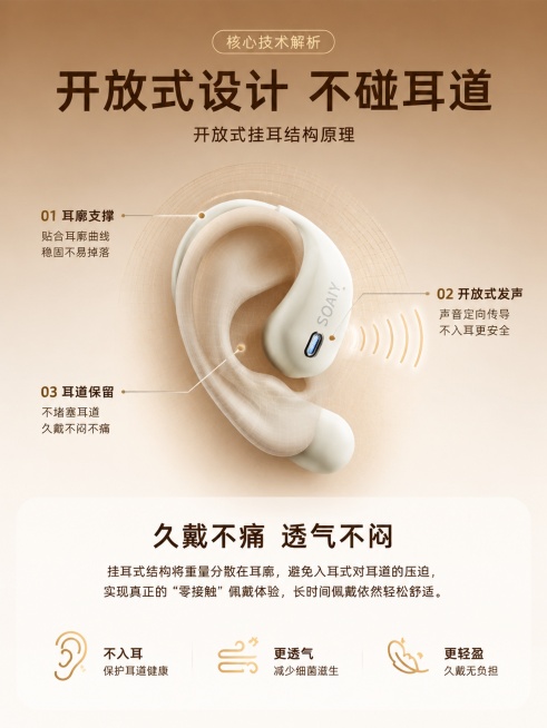 「图片1」第一屏（首屏・核心吸引屏）
{
"主文案": "索爱开放式挂耳蓝牙耳机 久戴不痛 全天舒适",
"副文案": "蓝牙 5.3 稳定连接 超长续航 双色可选 运动通勤通用",
"文案设计与排版预览效果