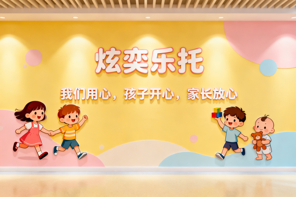 炫奕乐托托管文化墙，画面上方有大字标题"炫奕乐托"，主体文字内容"我们用心，孩子开心，家长放心"，画面添加活泼可爱的儿童玩耍元素，整体温馨明亮，适合培训机构墙面装饰预览效果
