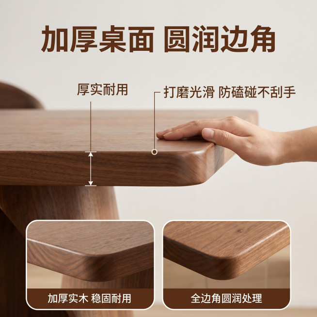 [主图4] 新中式实木茶桌加厚桌面+圆润边角细节展示图；[氛围风格] 温馨舒适家居治愈风，拼多多直白高性价比风格；[画质] 商业摄影质感，光线柔和通透，细节清晰真实，画面干净高级；[元素] 茶桌侧45预览效果