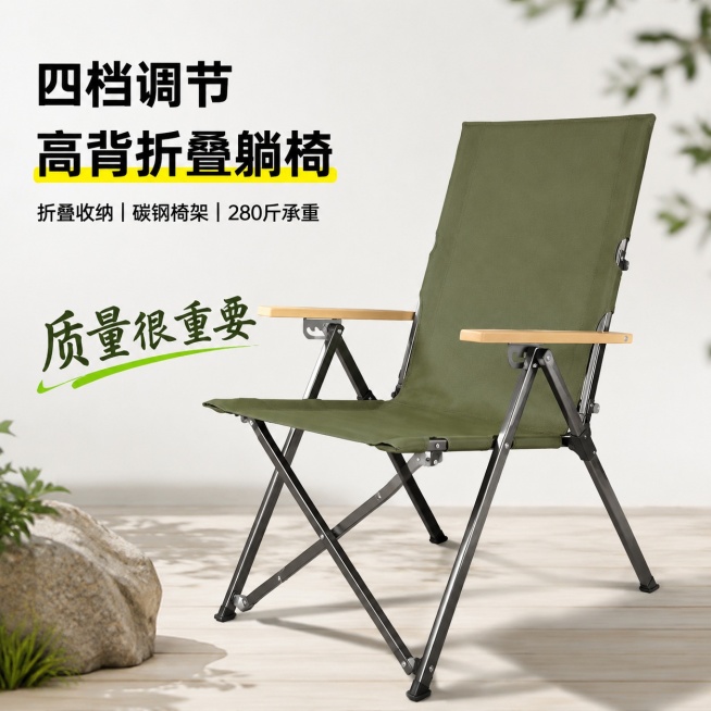 优化户外装备折叠椅主图，更换简洁背景突出商品主体，换椅子拍摄角度，调整与原图不同的拍摄色度，将椅子的布料材质改为绿色，保留原有所有商品文字信息：四档调节、高背折叠躺椅、折叠收纳|碳钢椅架|280斤承重预览效果