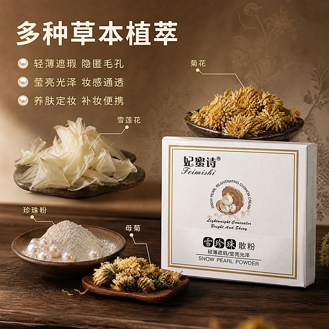 [主图-2] 核心功效成分解析，展示多种草本植萃成分与散粉功效的关联，强化中药养肤、轻薄遮瑕、莹亮光泽的产品卖点。
[统一基调] 棕色中药风视觉体系，背景主色为温润深棕与浅棕渐变，点缀草本植物元素，标题字色为米白色，辅助字色为浅金色，强调色为珍珠白，字体选用干净优雅的非衬线体，整体氛围温润、天然、有东方草本质感。
[画面] 产品位于画面右侧，占画面约40%，正面视角略微侧转，保持白色方形包装盒外观与原图一致。左侧及上方环绕展示多种草本原料实物：干菊花、雪莲花瓣、珍珠粉堆、母菊花朵，每种成分用细金线引线连接到产品，引线末端标注成分名称。背景为浅棕色宣纸纹理背景，带有淡淡的中药药材水墨晕染效果。底部是深棕色木质台面，产品有自然投影。
[光影质感] 商业摄影质感，柔和自然光从左侧打来，草本原料有真实的纹理和质感，珍珠粉有细腻光泽，产品包装盒光影自然，整体温润通透。
[配色] 主色调为棕色系深浅变化，草本植物的自然绿色、白色、黄色作为点缀，金色引线提升精致感，整体统一在中药风棕色基调中。
[文字版式] 画面左上方主标题「多种草本植萃」，米白色粗体大字；下方分三行排列功效短句：「轻薄遮瑕 隐匿毛孔」「莹亮光泽 妆感通透」「养肤定妆 补妆便携」，每行前加小珍珠图标，文字为浅金色中号字。成分引线旁标注小字：「珍珠粉 雪莲花 菊花 母菊」等成分名称，文字清晰不拥挤。
[输出要求] 1:1正方形比例，2K分辨率，产品清晰，成分真实，文字排版整洁。禁止变形、错字、模糊、水印、平台Logo、医疗功效宣称、绝对化用语。