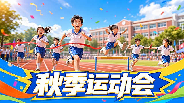 活力风格，蓝色背景，中心小学秋季运动会主题，画面中心是充满活力的小学生运动会场景，有奔跑、跳跃、接力等运动项目的学生，搭配校园景色如教学楼、操场、跑道、绿树，背景虚化处理突出运动主体人物，画面下方用粗体字预留标题框，框内写有“秋季运动会”字样，高饱和度色彩，明亮鲜艳，充满青春活力，16:9横版比例