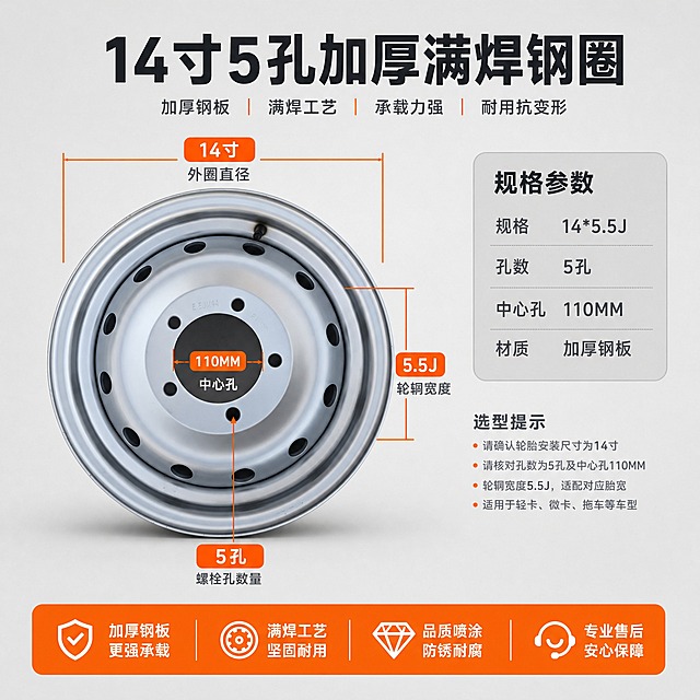 [主图-5] 14寸5孔加厚满焊钢圈。主题和唯一任务：规格参数与尺寸说明，一图收口型号含义、尺寸与选型信息。
[统一基调] 整体工业品质风：浅灰#E8EAEC背景，深墨灰#1F2328加粗标题字，橙色#FF6A00强调标签与服务条，中灰#5A6270辅助说明字；全套只用一种无衬线黑体，字号三档层级，组件统一为圆角胶囊标签加细引线与底部橙色服务条，禁止混用衬线体、手写体和变形拉长字。
[画面] 画面左中部放完整银色钢圈俯视大图，占比约60%，保持中心圆孔、5个螺栓孔、外圈孔位与轮缘轮廓和输入图一致；钢圈周围用橙色尺寸线标注：外圈直径标注“14寸”、轮辋宽度标注“5.5J”、中心圆孔标注“中心孔110MM”、螺栓孔数量标注“5孔”，尺寸线整齐不挤压主体、不遮挡孔位；右上角区域放浅灰圆角参数卡，标题“规格参数”，卡内横排四行“规格 14*5.5J”“孔数 5孔”“中心孔 110MM”“材质 加厚钢板”，字号层级清晰；画面顶部大标题“14寸5孔加厚满焊钢圈”。
[光影质感] 商业摄影棚均匀光，金属表面喷漆质感与孔位边缘清晰，尺寸线与实物关系准确，钢圈下方有柔和接触阴影，无原图白底残留与边缘硬切。
[配色] 沿用本组浅灰底、深墨灰标题、橙强调标签与中灰说明字，参数卡用比背景略深的浅灰，不用厚重色块底板。
[文字版式] 沿用本组字体与标签样式，中文与数字全部横排，参数名与参数值左对齐成一列，文字放在留白区，浅底深字对比强，主标题最大最粗，说明文字缩小50%以上。
[输出要求] 1:1，文字清晰可读，数字准确，禁止平台Logo、水印、二维码。
负向：尺寸标错、数字错乱、产品变形、孔位错误、错字、模糊、画面杂乱、水印、平台Logo、绝对化用语。