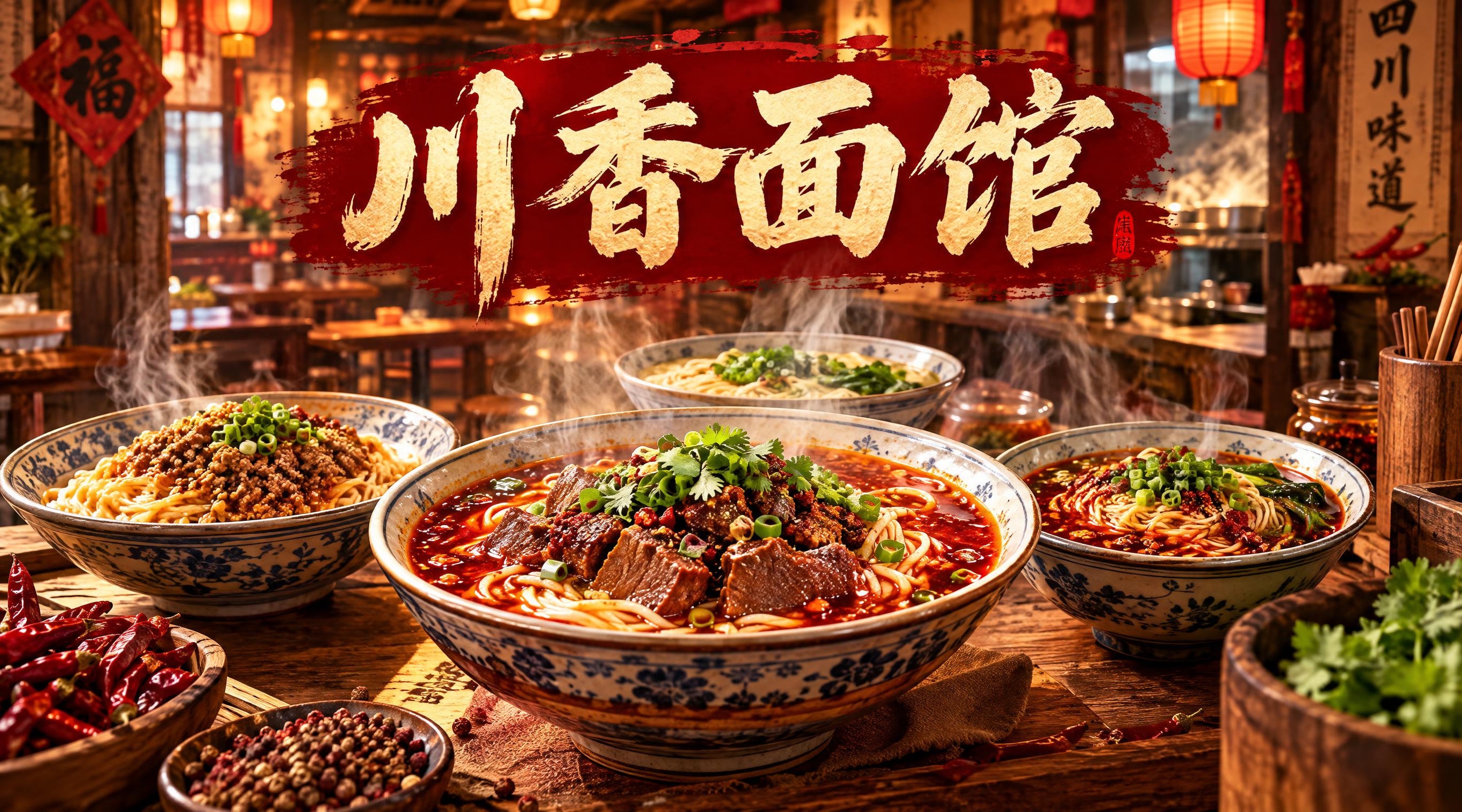 川香面馆店招设计，702x392横版，写实摄影风格，画面中央是… - 图片创意预览