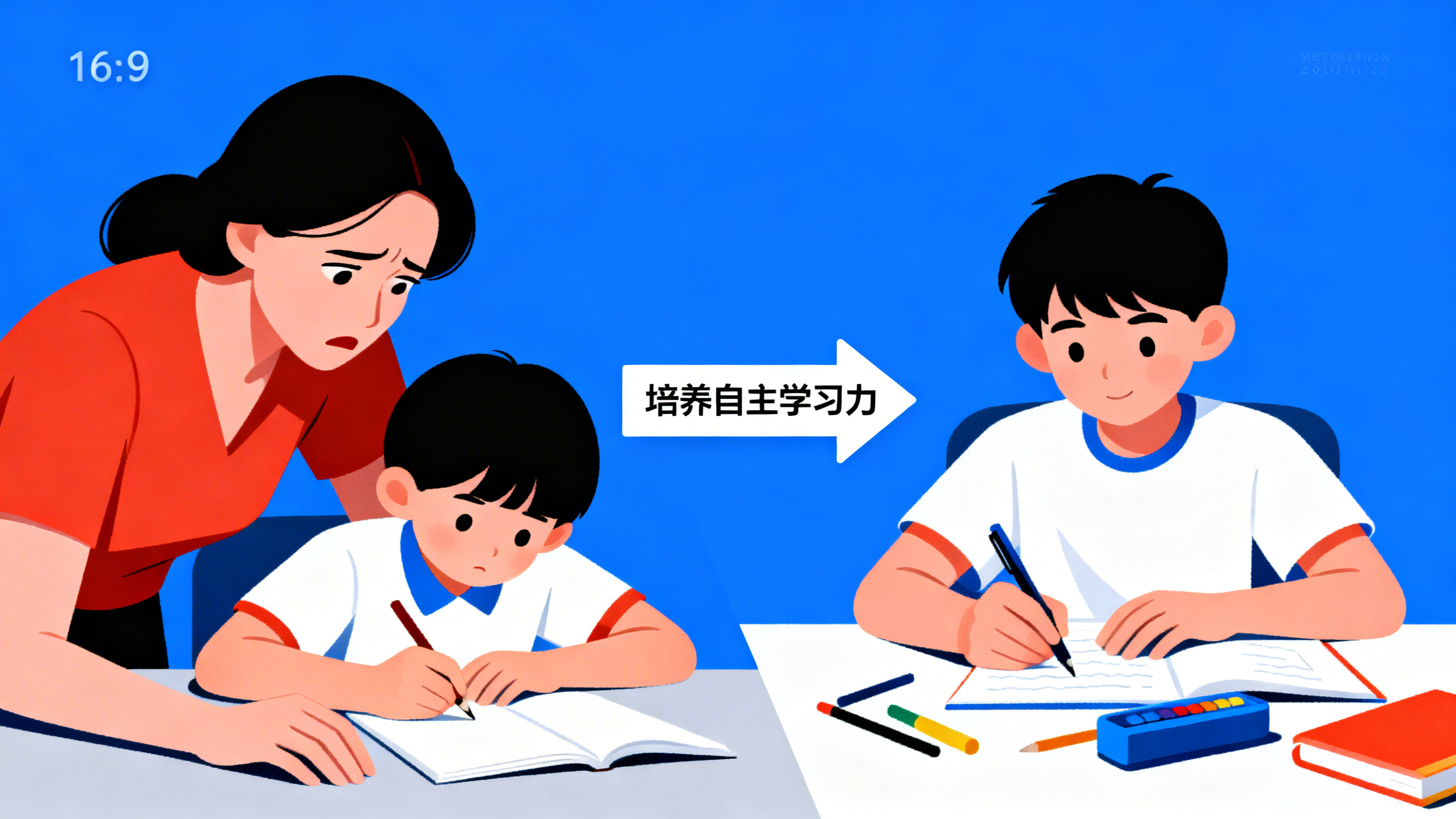扁平插画风格，16:9比例，对比构图：左侧是焦虑的母亲盯着孩子… - 图片创意预览