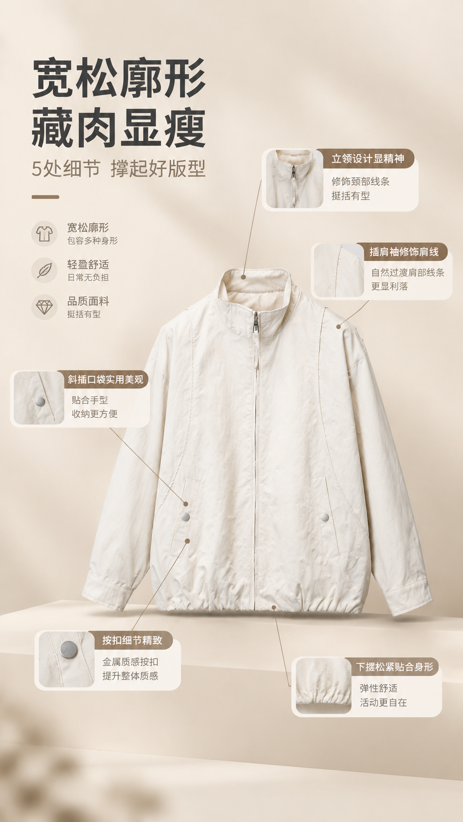 [商品] 使用【图1】米白色立领宽松夹克；商品处理：保留立领、… - 图片创意预览