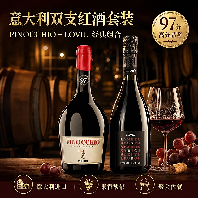 [主图-1] 双支红酒组合主图，突出意大利进口双支套装的高端品质与送礼价值，提升点击率。严格保持匹诺曹酒瓶的大肚圆润瓶型与原图完全一致。
[统一基调] 高端红酒电商主图，深酒红色与金色为主色调，背景为虚化的欧式酒窖橡木桶场景，暖调聚光打亮产品，整体氛围奢华典雅，字体使用衬线体搭配中文黑体，标题字色为烫金色，辅助文案为米白色，强调色为酒红色。
[画面] 画面中央并排放置两瓶红酒，左侧为PINOCCHIO匹诺曹红葡萄酒，瓶型必须严格按照原图：瓶身下部非常圆润饱满呈大肚形，瓶颈细长，顶部是红色蜡封帽（蜡封有自然滴落的不规则边缘），瓶颈处有金色圆形97分奖章标，瓶身正面是米白底红色PINOCCHIO大字标签，标签下方有匹诺曹小人图案和PICCINI字样，瓶身整体造型矮胖圆润，与原图比例完全一致。右侧为LOVIU蓝布鲁斯科甜红起泡酒，瓶型为常规起泡酒瓶，黑色锡箔帽，黑色标签。两瓶酒呈轻微倾斜角度摆放，瓶身底部有真实的接触阴影，瓶身玻璃反射出酒窖暖光。两瓶酒前方放置一只盛有红葡萄酒的水晶高脚杯，杯中酒液呈宝石红色，杯壁有轻微挂杯效果，旁边散落2-3颗新鲜红葡萄和一片橡木塞作为点缀。背景为虚化的欧式酒窖，隐约可见橡木桶堆叠与暖黄灯光，景深较浅突出主体。产品整体占画面约65%。
[光影质感] 商业摄影质感，主光从左上方45度角打下，瓶身玻璃形成清晰高光带，匹诺曹大肚瓶身的曲面反光自然过渡，酒体通透有光泽，阴影柔和自然，整体暖调氛围，突出红酒的奢华质感与酒体色泽。
[配色] 主色调深酒红+烫金+米白，背景为深棕酒窖色调，环境光为暖黄色，标题烫金色强对比突出。
[文字版式] 左上角放置组合主标题，分两行排版：第一行大字"意大利双支红酒套装"，第二行稍小字体"PINOCCHIO + LOVIU 经典组合"。右上角放置圆形金色徽章，内文"97分高分品鉴"。底部横排三个卖点小图标加文字：左"意大利进口"、中"果香馥郁"、右"聚会佐餐"。文字均不遮挡瓶身主体，放在负空间位置。字体统一为高端衬线体+黑体组合，字号层级分明。
[输出要求] 1:1正方形2048x2048，匹诺曹瓶身造型必须与原图完全一致（大肚圆润矮胖瓶型），产品清晰不变形，文字清晰可读，画面高端有质感。禁止出现饮酒动作、人物面部、平台logo、水印、绝对化用语、错字、模糊、杂乱背景。