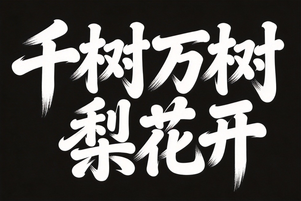 参考图中的手写行楷书法连笔风格，设计横向单排文字"千树万树梨花开"，白字，纯黑色背景，夸张风格，行楷变形，笔画边缘轻盈，夸张的笔画张力和飞白连笔处理，字体之间有自然连笔连接，极具艺术感，笔画粗细变化对预览效果