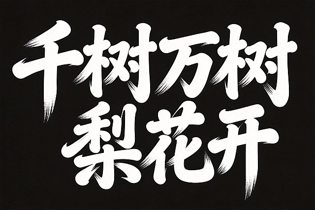 参考图中的手写行楷书法连笔风格，设计横向单排文字"千树万树梨花开"，白字，纯黑色背景，夸张风格，行楷变形，笔画边缘轻盈，夸张的笔画张力和飞白连笔处理，字体之间有自然连笔连接，极具艺术感，笔画粗细变化对比强烈，每个笔画都带俏皮弧度，用花瓣形代替点笔画，整体体现青春活力，夸张风格，边缘轻盈，笔画边缘拉长，俏皮弧度，富有书法气度，字体与图片边缘保持1cm留白
