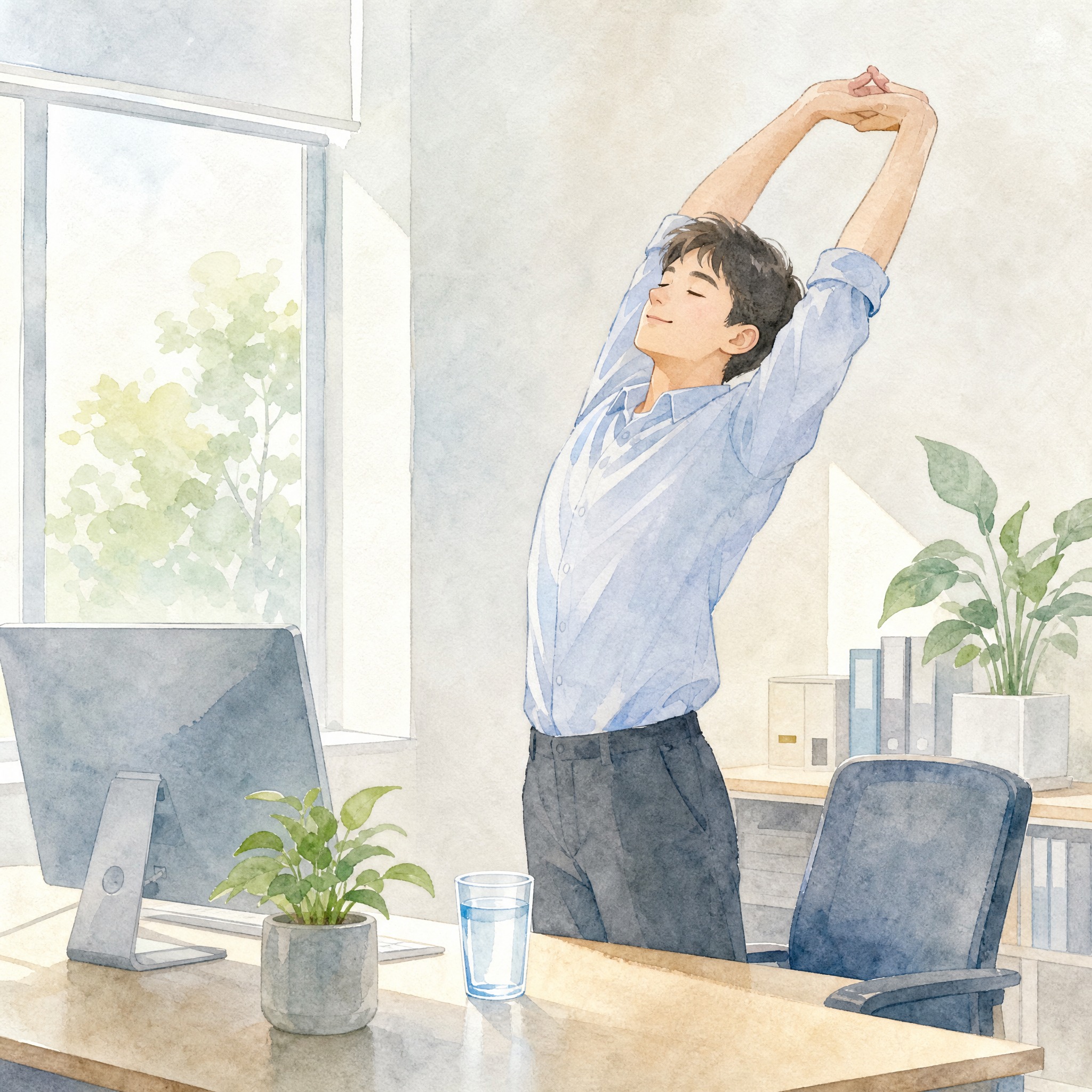水彩手绘插画风格，办公室场景，一位年轻男士从电脑前起身伸展身体… - 图片创意预览