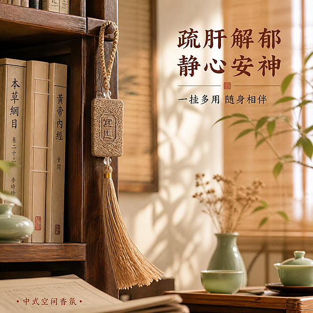 [主图-3] 宜通草本香牌挂饰 中式空间悬挂使用场景展示。
[统一基调] 中国风简朴中医药风格，主色调为米白、赭石棕、草木绿，背景为传统中医药房或中式书房场景，字体为宋体/楷体风格，标题字色深赭石色，辅助字色墨灰色，强调色朱砂红，整体氛围古朴雅致、自然沉静。
[画面] 宜通草本香牌挂饰悬挂在中式书房的木质书架侧面或茶室的茶柜把手上，主体占比约40%，平视角度展示悬挂使用状态。背景为新中式书房或茶室场景：有木质书架、线装书、青瓷茶杯、干花插花、竹帘等元素，营造宁静雅致的东方生活美学氛围。香牌流苏自然垂坠，与周围环境和谐搭配，体现产品作为空间香氛装饰的使用价值。
[光影质感] 午后柔和自然光透过竹帘洒入，形成斑驳光影，香牌有自然的悬挂垂坠感，流苏随风微动的自然状态，整体光影温暖柔和，场景真实有氛围感。
[配色] 背景木色与米白为主，点缀青瓷的淡绿色和植物的深绿色，香牌赭石棕色成为视觉焦点，标题深赭石色，辅助文字墨灰色，整体色调和谐统一。
[文字版式] 主标题'疏肝解郁 静心安神'大号宋体深赭石色，放在画面右上负空间；副标题'一挂多用 随身相伴'中号楷体墨灰色，在主标题下方；左下角轻标签'中式空间香氛'小号字朱砂红色。文字放在空白处，不遮挡主体。
[输出要求] 1:1正方形比例，文字清晰可读，产品清晰完整，无变形，无错字，无模糊，无杂乱元素，无水印，无平台Logo。禁止出现医疗功效承诺、绝对化用语。