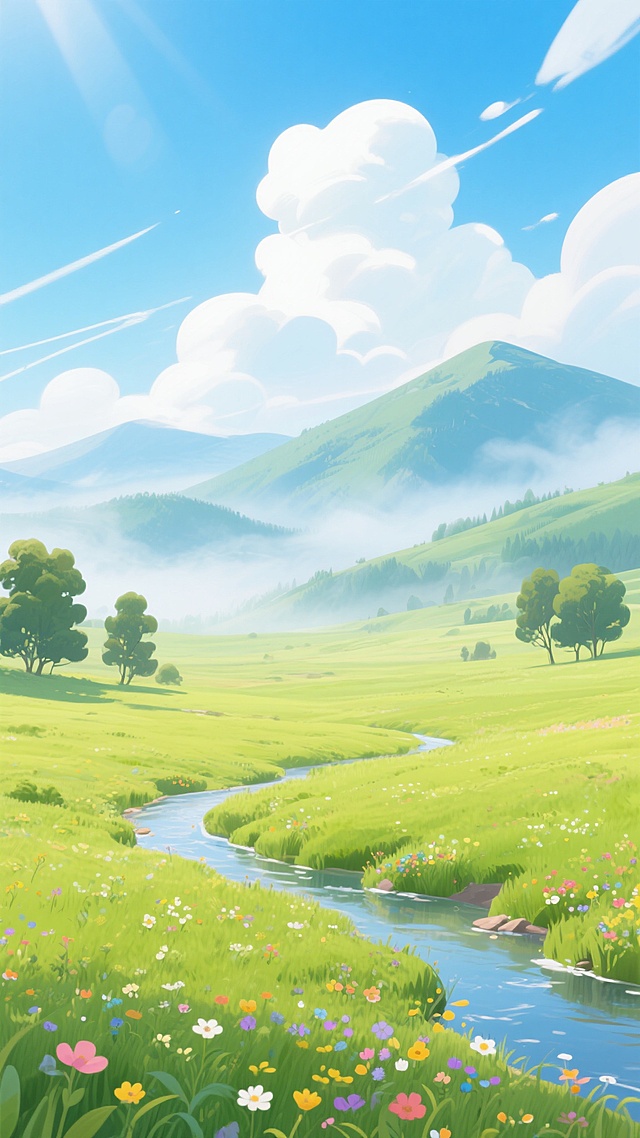 清新明亮的卡通风格风景插画，广袤无垠的绿色草原铺满画面，远处连绵起伏的青山被轻薄的晨雾缭绕，天空湛蓝澄澈，漂浮着几缕洁白的云彩，阳光透过云层洒下柔和的光晕，草原上点缀着五颜六色的野花，一条蜿蜒的小溪从草地间流过，岸边生长着几棵高大的树木，整体画面充满生机与宁静感，色彩明快和谐，光影效果柔和自然，构图采用开阔的远景视角，展现出草原的辽阔与壮美。