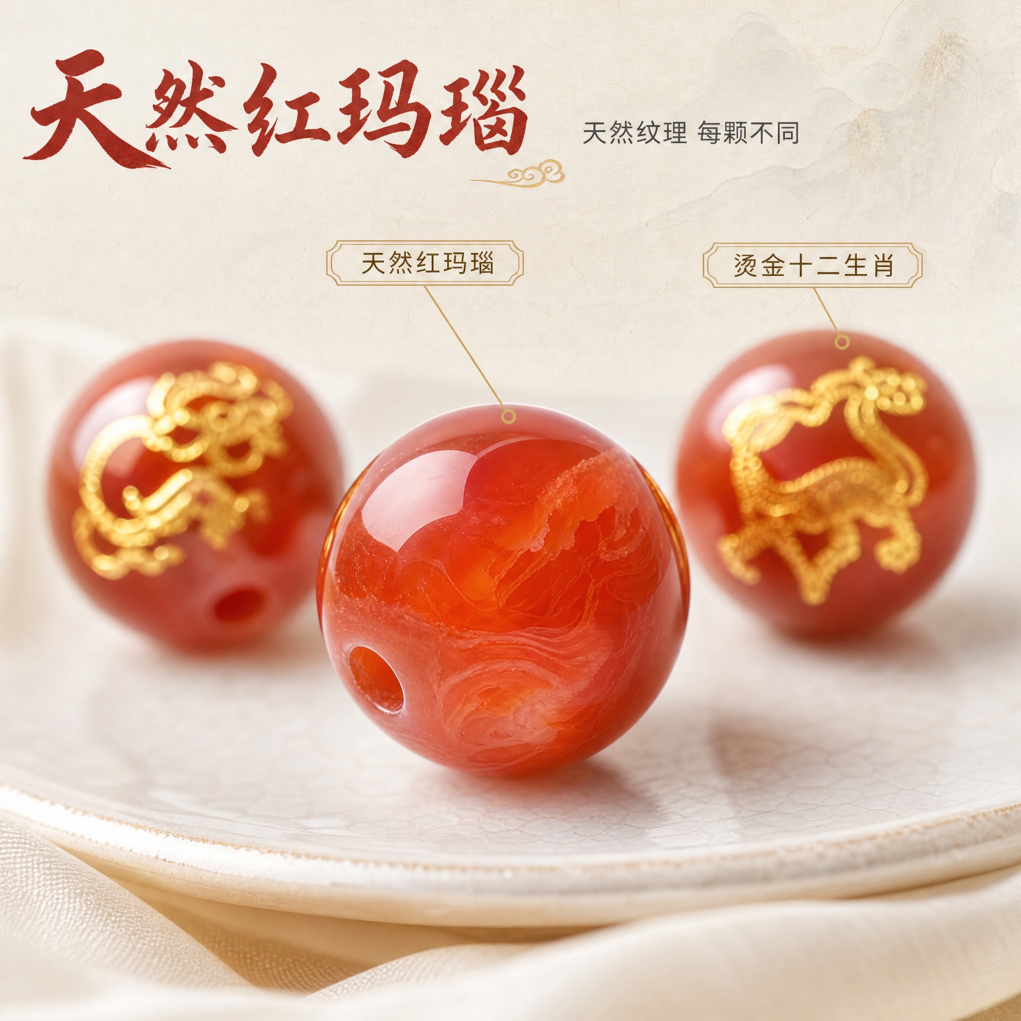 [主图-2] 天然红玛瑙烫金十二生肖圆珠 核心亮点 主任务：材… - 图片创意预览