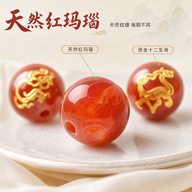 [主图-2] 天然红玛瑙烫金十二生肖圆珠 核心亮点 主任务：材质与烫金工艺微距证据。 [统一基调] 东方国风典雅风格，整套统一：奶油白与浅米宣纸质感背景，统一浅色瓷碟与丝绸陈列材质；主标题用同一种书法感标题字体 字色深朱红；说明文字统一墨灰色 同一款无衬线字体；烫金强调色为哑光古金；组件统一用细金线描边与半透明浅米底卡片 不用厚重色块与通栏。 [画面] 从输入图的十二颗天然红玛瑙烫金十二生肖圆珠中取三颗做微距特写：一颗位于中央大幅放大，展示半透明橘红玛瑙内部的天然云雾纹与丝状纹路；另外两颗在后方略微虚化，展示烫金生肖浮雕的立体边缘与金箔颗粒质感；略侧角度可看到珠体圆度与穿线孔道；三颗珠占画面约百分之七十，颜色 通透度 生肖造型与输入图一致。上方以哑光古金细线引出两条标注线，分别写「天然红玛瑙」与「烫金十二生肖」，标注线避开珠体主面。 [光影质感] 柔光箱高光加窄条轮廓光，玛瑙有红色内透光与层次，金箔处有细腻镜面反射，忌整体过曝发白。 [配色] 浅米宣纸背景，深朱红标题文字，哑光古金标注线。 [文字版式] 左上角书法感深朱红标题「天然红玛瑙」，右侧小号墨灰说明「天然纹理 每颗不同」；标注文字横排 不压珠面。 [输出要求] 1:1 方形，微距清晰无灰尘划痕指纹，文字清晰无错字；负向：变形 错字 模糊 水印 平台Logo 脏反光 塑料感 过曝。