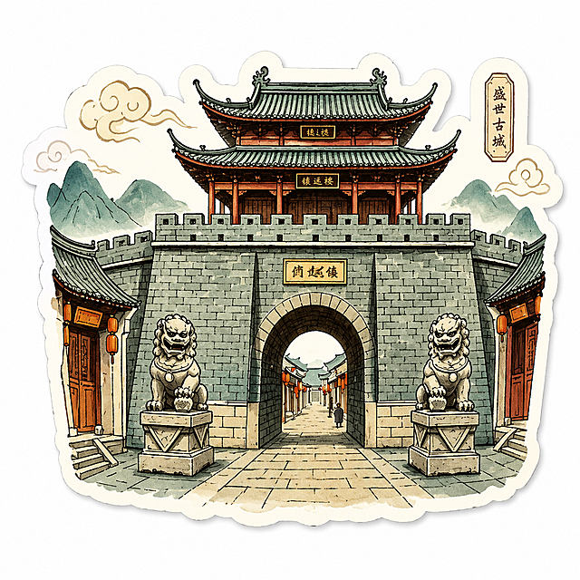 参考图片风格，创作类似的古城城门插画贴纸，纯白色背景，不规则贴纸轮廓，国风水彩插画风格，保留古城门楼石狮子古典建筑元素