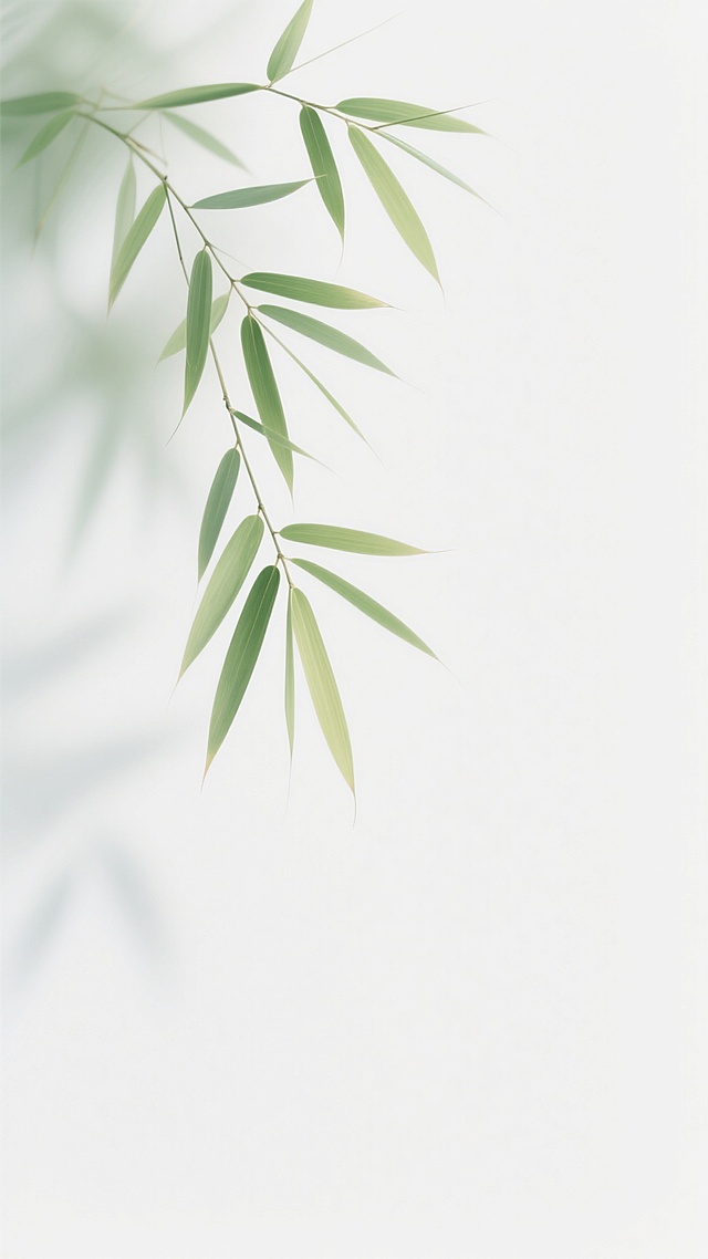简约清新风格的竹子背景设计，大面积纯净白色留白占据画面主体，左上角飘逸的竹叶以自然垂落的姿态分布，叶片呈现从翠绿到嫩绿的渐变色调，边缘略带柔和的虚化效果，营造出轻盈通透的空气感，整体构图简洁大方，色彩明快淡雅，传递出宁静舒适的自然氛围，视觉层次清晰，留白部分增强了画面的呼吸感和空间延展性。