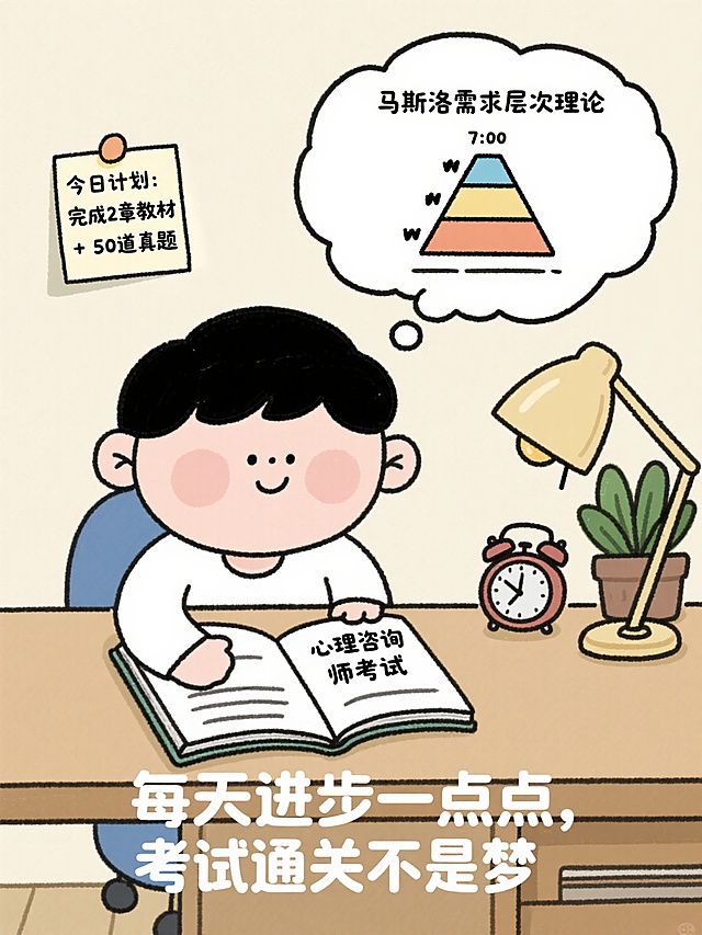 手绘插画风格，卡通人物坐在书桌前，面前摊开的书上写 “心理咨询师考试”，旁边有闹钟（显示 7:00）、台灯和绿植，墙上贴着 “今日计划：完成 2 章教材 + 50 道真题” 的便签，人物头顶有思考气泡（内有 “马斯洛需求层次理论” 示意图），底部文字 “每天进步一点点，考试通关不是梦”，整体风格轻松励志，吸引年轻考生。