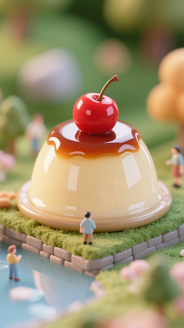 3D微缩艺术风，液态甜品如梦似幻，樱桃点缀，甜美梦幻，春日氛围浓厚。