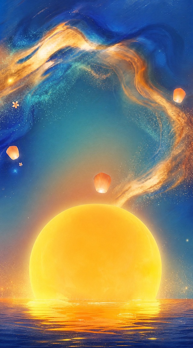 基于第一张图（蓝金流体星空+底部金黄色月亮）进行修改，保留第一张图的整体构图、蓝金色流动星云、孔明灯、星点和花朵点缀等所有背景氛围元素不变，仅将底部的金黄色大月亮替换为第二张图中月亮的样式：
1. 新月亮是一个巨大的、发光的金黄色圆形满月，位于画面底部中央，占据画面下方约三分之一区域；
2. 月亮表面有柔和的光晕效果，边缘散发温暖的橙黄色光芒，与天空自然过渡；
3. 月亮下方有平静的水面倒影效果，水面呈现深蓝色，倒映着月亮的金色光辉，形成水天一色的感觉；
4. 月亮表面光滑细腻，有柔和的光影渐变，不是粗糙的月球表面纹理；
5. 月亮整体感觉温暖、明亮、饱满，像海平面上升起的超级满月；
6. 其余所有元素（流动星云、孔明灯、星点、花朵、整体蓝金配色）保持第一张图原样不变；
7. 画面比例保持竖版9:16不变。