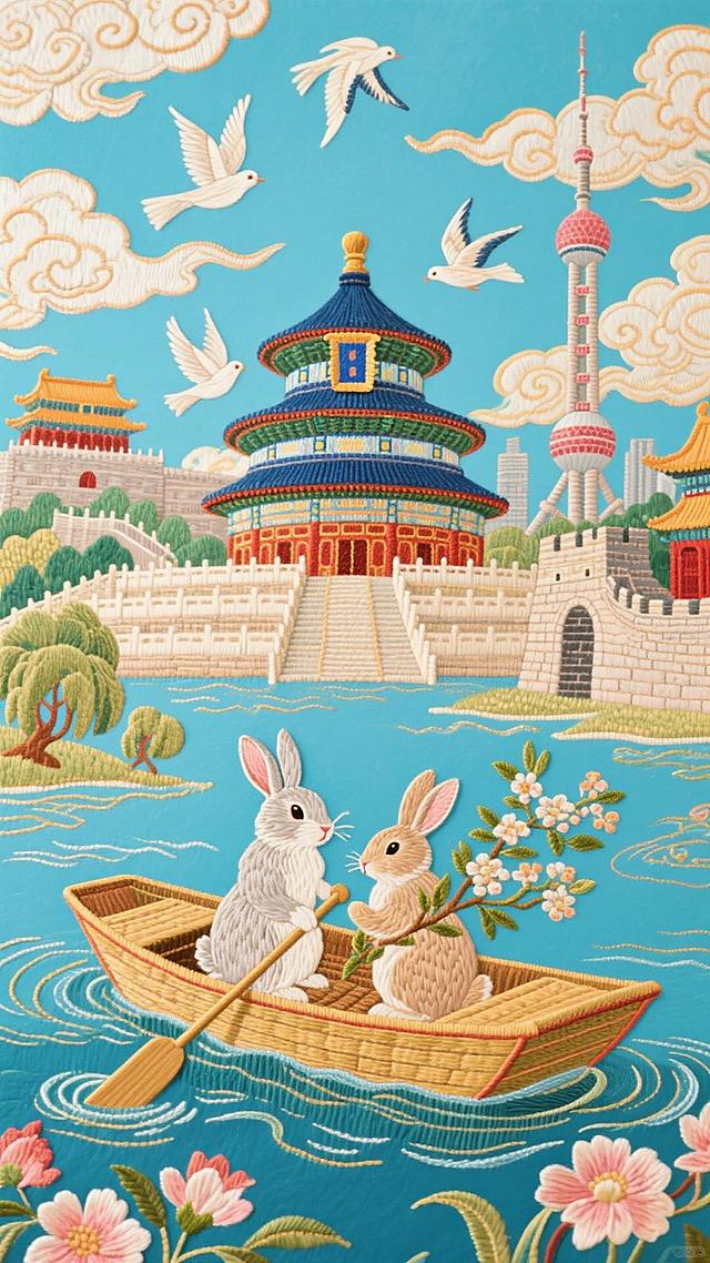 刺绣风插画，拟人化兔子泛舟湖上，融合天坛与东方明珠，国潮与古典交织，梦幻唯美，尽显中式浪漫与温馨趣味。