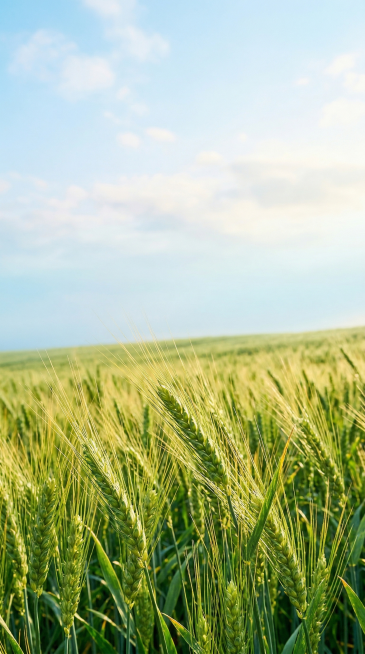 小满节气主题海报，画面下半部分是生机勃勃的绿色麦田特写，麦穗饱满清晰，阳光洒在麦芒上，背景是淡蓝色渐变天空，有轻薄的白色云朵，整体风格清新治愈，柔和自然光，高分辨率，细节丰富，充满夏日氛围感预览效果