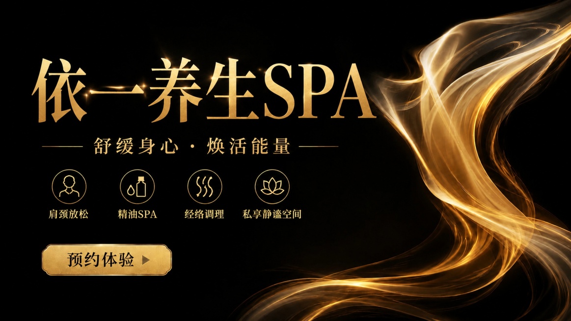 基于原图，保留背景、副标题、所有卖点图标文字、预约体验按钮排版和风格都完全不变，仅将主标题“养生SPA”修改为“依一养生SPA”，保持字体风格、大小、颜色和位置不变，整体依然居中对齐，文字清晰，保持1预览效果