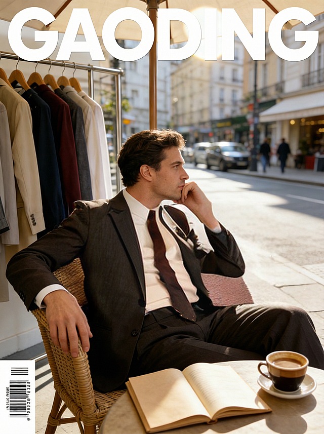 杂志风封面，融合商务感与文艺气息，实景街景搭配时尚穿搭，印刷质感突出，展现都市精英的优雅生活。